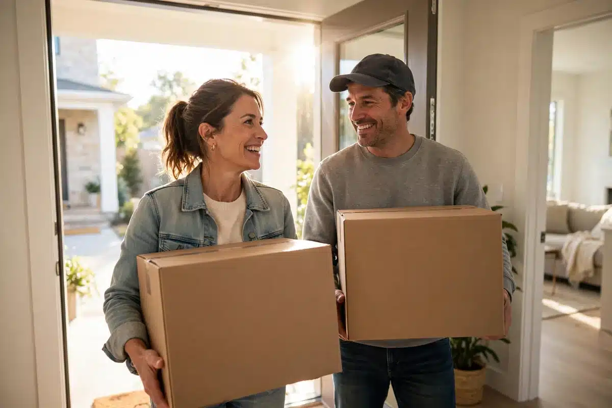 Photo of a woman in her 40s and her partner carrying moving boxes into a bright new home, smiling at a fresh start