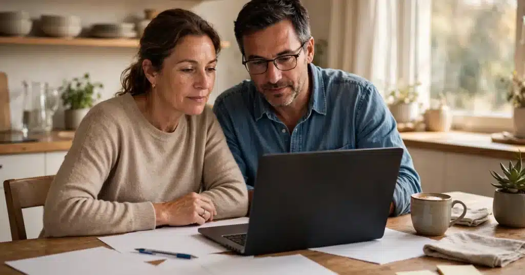 Photo of a couple in their 40s sitting at their kitchen table with a laptop and plain paperwork, reviewing their health plan options together