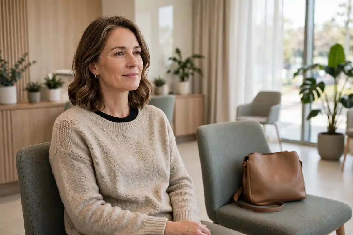 Photo of a woman in her 40s sitting in a bright clinic waiting area, calm and relaxed before her appointment