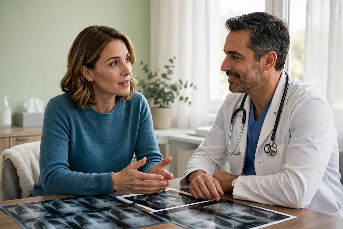Photo of a woman in her 40s talking with her doctor in a bright clinic room, asking questions about her extra mammogram pictures