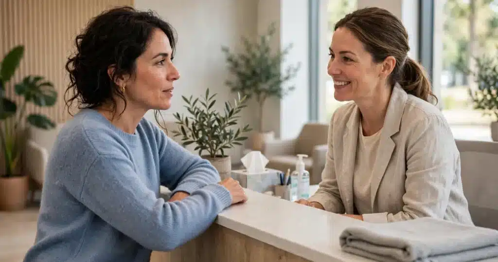 Photo of a woman in her 40s checking in at a bright clinic reception desk before her mammogram appointment