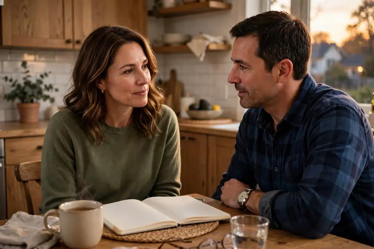 Photo of a woman in her 40s and her husband at their kitchen table with a plain notebook, talking through decisions together