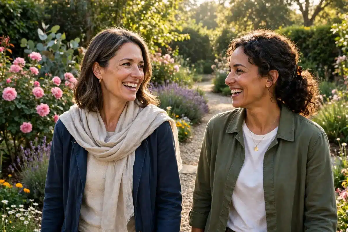 Photo of a woman in her 40s walking in a sunny garden with a friend, wearing a light scarf and smiling