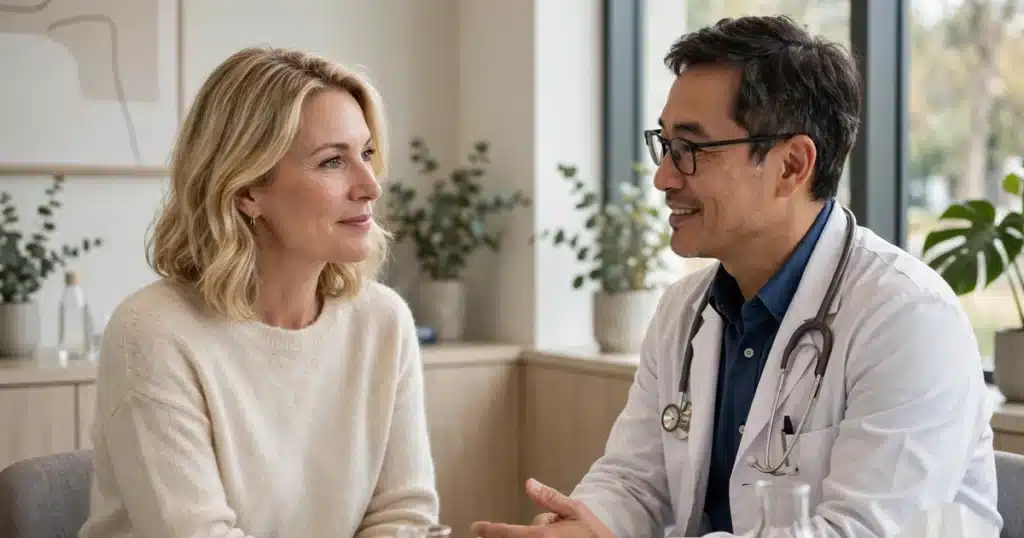 Photo of a woman in her 40s talking with her doctor in a bright clinic office about early stage treatment options