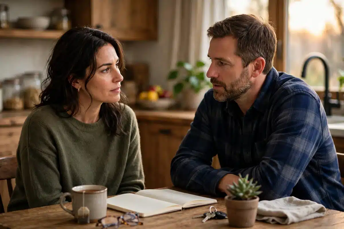 Photo of a woman in her 40s and her husband at their kitchen table, talking through treatment decisions with a plain notebook open