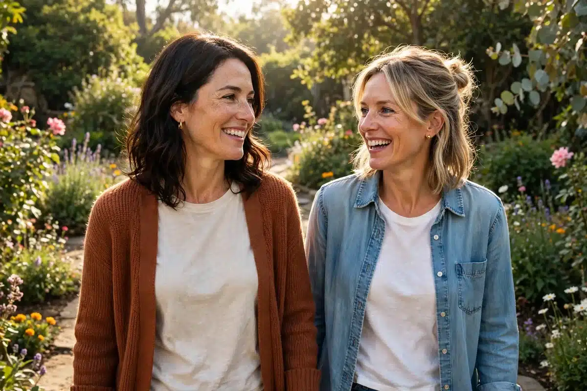 Photo of a woman in her 40s walking in a sunny garden with a friend, relaxed and smiling