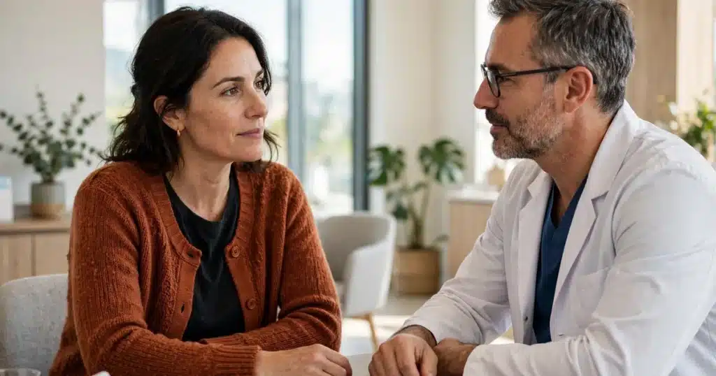Photo of a woman in her 40s talking with her doctor in a bright clinic office about her treatment plan
