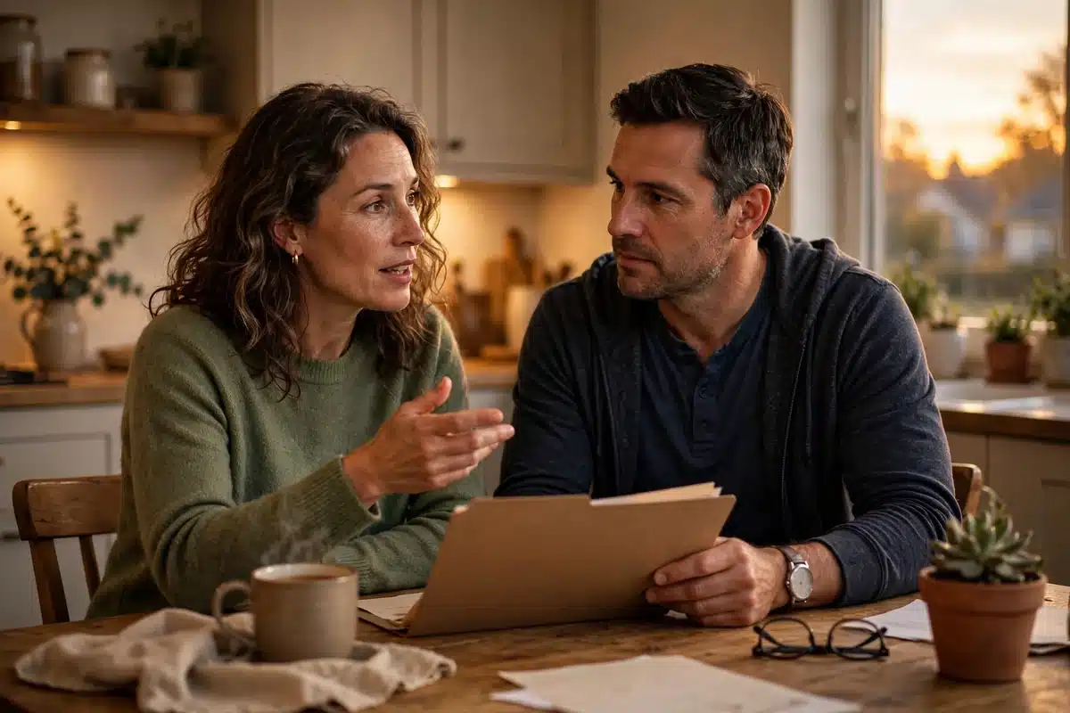 Photo of a woman in her 40s and her partner sitting at their kitchen table at home with a plain folder, talking through a plan together in warm evening light