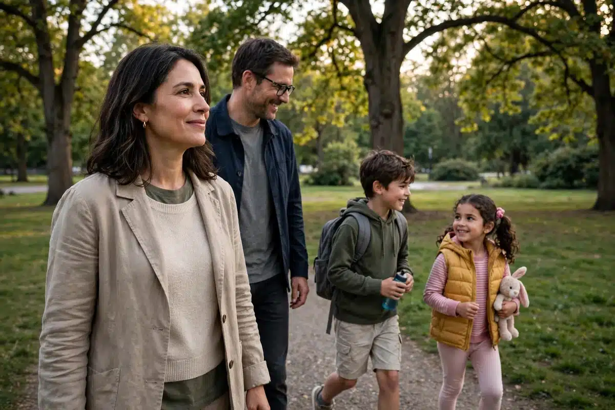 Photo of a woman in her 40s walking in a park with her family in soft afternoon light, hopeful and unhurried
