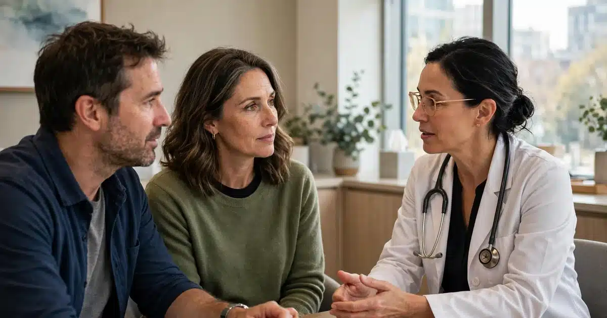 Photo of a woman in her 40s talking with her oncologist in a bright clinic office, her partner sitting beside her
