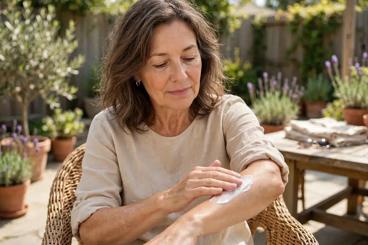 Woman applying sunscreen to her forearm on a sunny patio