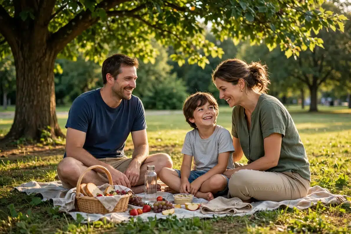 Family enjoying a picnic together in the shade of a large tree