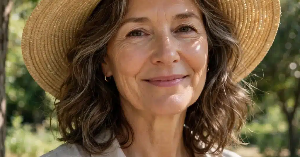 Smiling woman wearing a wide-brimmed sun hat under a shady tree