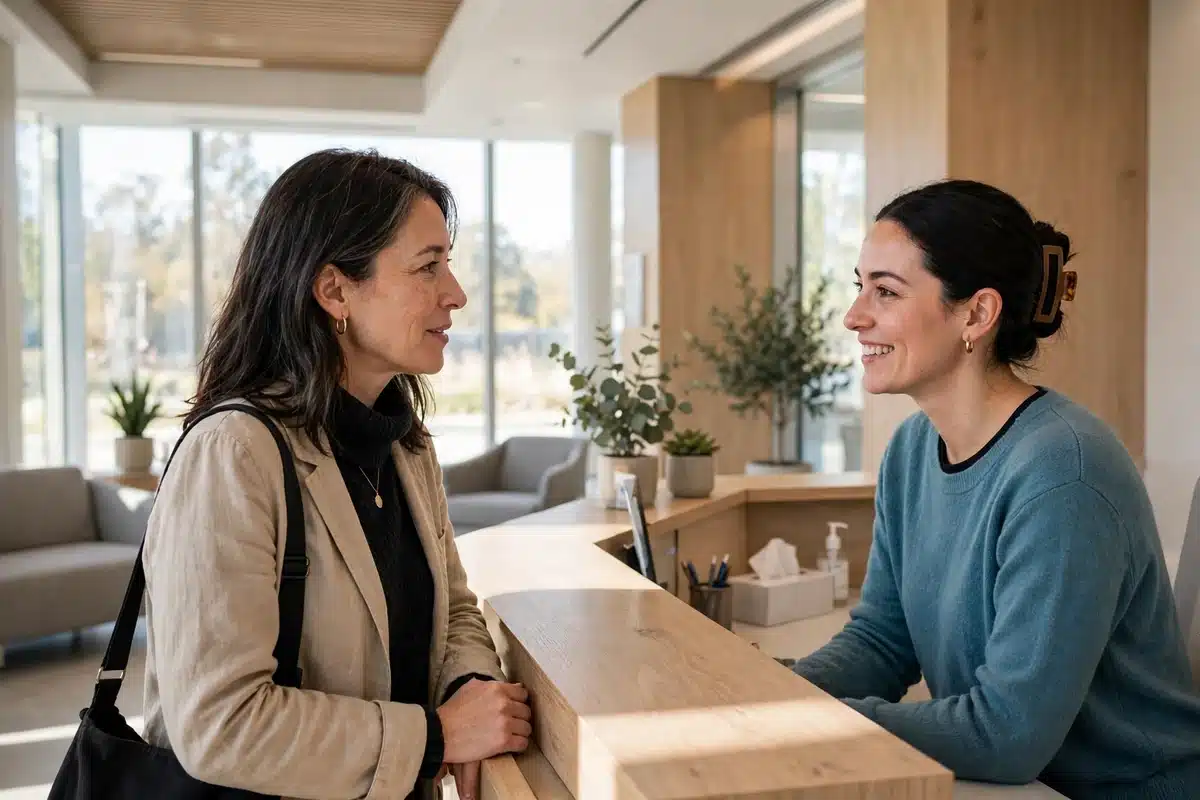 Photo of a woman in her 40s checking in at the bright reception desk of a modern imaging centre, speaking with a friendly receptionist