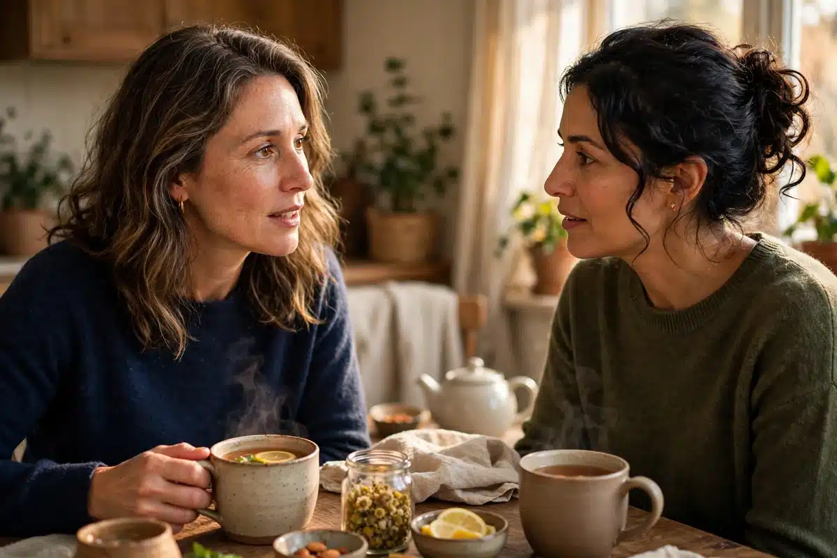 Photo of a woman in her 40s sitting at home at a table with a close friend, talking over cups of tea about a health decision