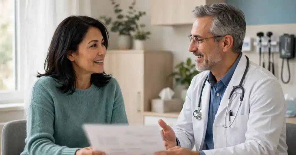 Photo of a woman in her 40s talking with her doctor in a bright clinic room, reviewing her screening plan together