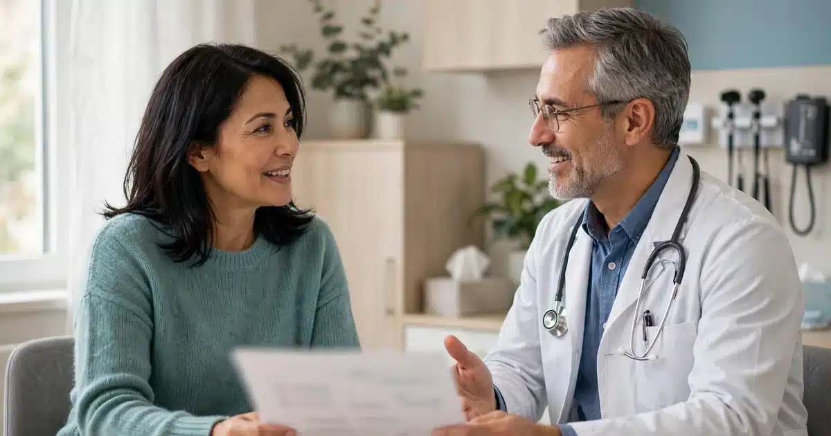Photo of a woman in her 40s talking with her doctor in a bright clinic room, reviewing her screening plan together