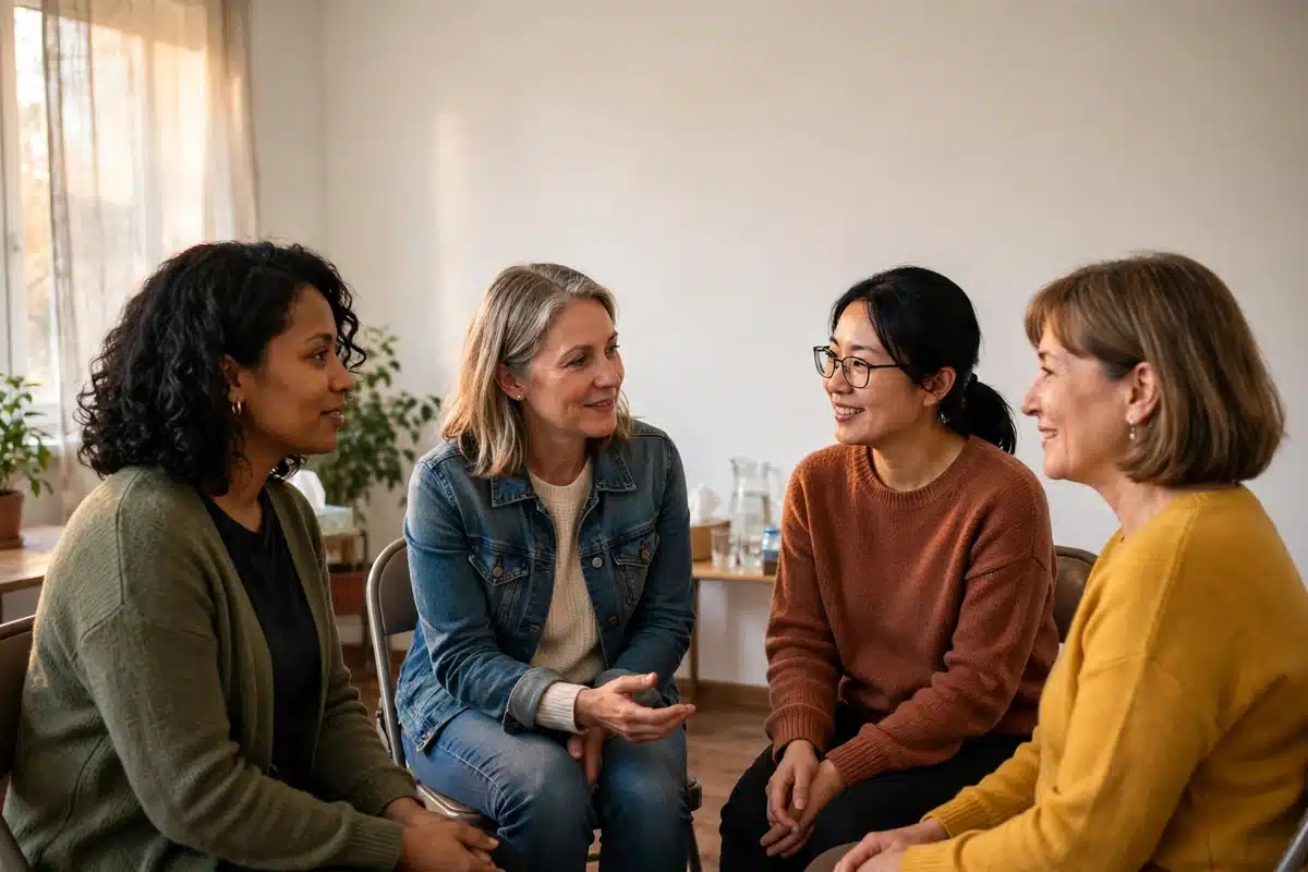 Photo of a small support group of women sitting in a circle of chairs talking together in a bright community room with warm light