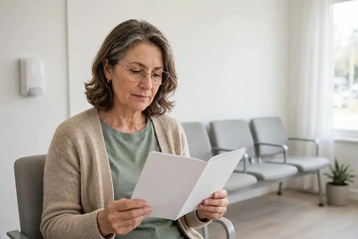 Photo of a woman in her 50s reading a simple information leaflet in a bright waiting area, leaflet pages blank with no readable text