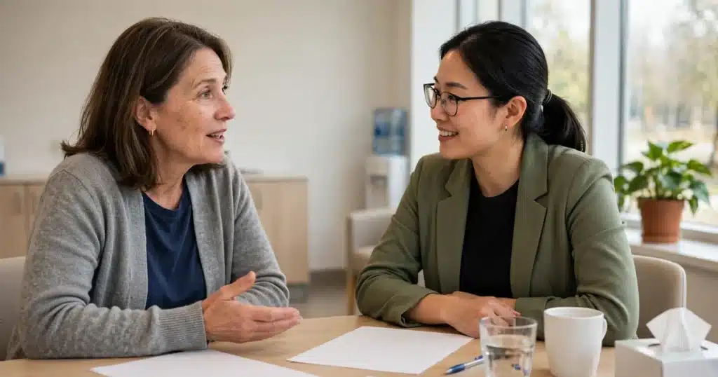Photo of a woman patient in her 50s talking with a support services coordinator at a desk in a bright, welcoming cancer center in natural light