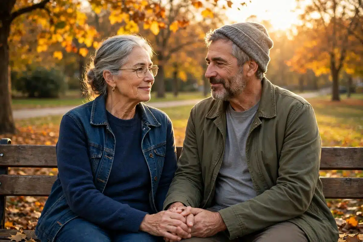 Photo of a woman in her 60s and her husband sitting together on a park bench in autumn, holding hands, calm and content, warm golden daylight, trees with fall foliage, casual plain clothing, hopeful mood, no readable text, no logos