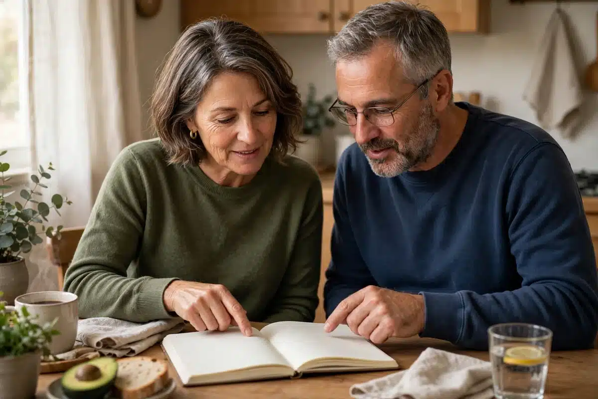Photo of a woman in her 50s sitting at a kitchen table at home with her partner, both looking at a notebook together and talking warmly, planning and support, soft morning light, cozy home interior, plain clothing, no readable text, no logos