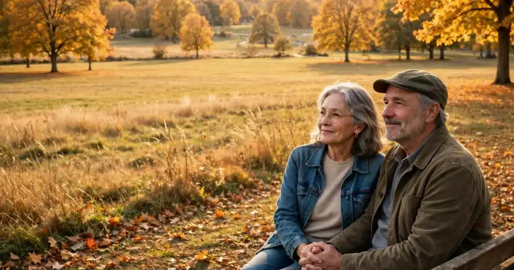 Photo of a woman in her 60s and her husband sitting together on a park bench in autumn, holding hands, calm and content, warm golden daylight, casual plain clothing, hopeful mood, no readable text, no logos