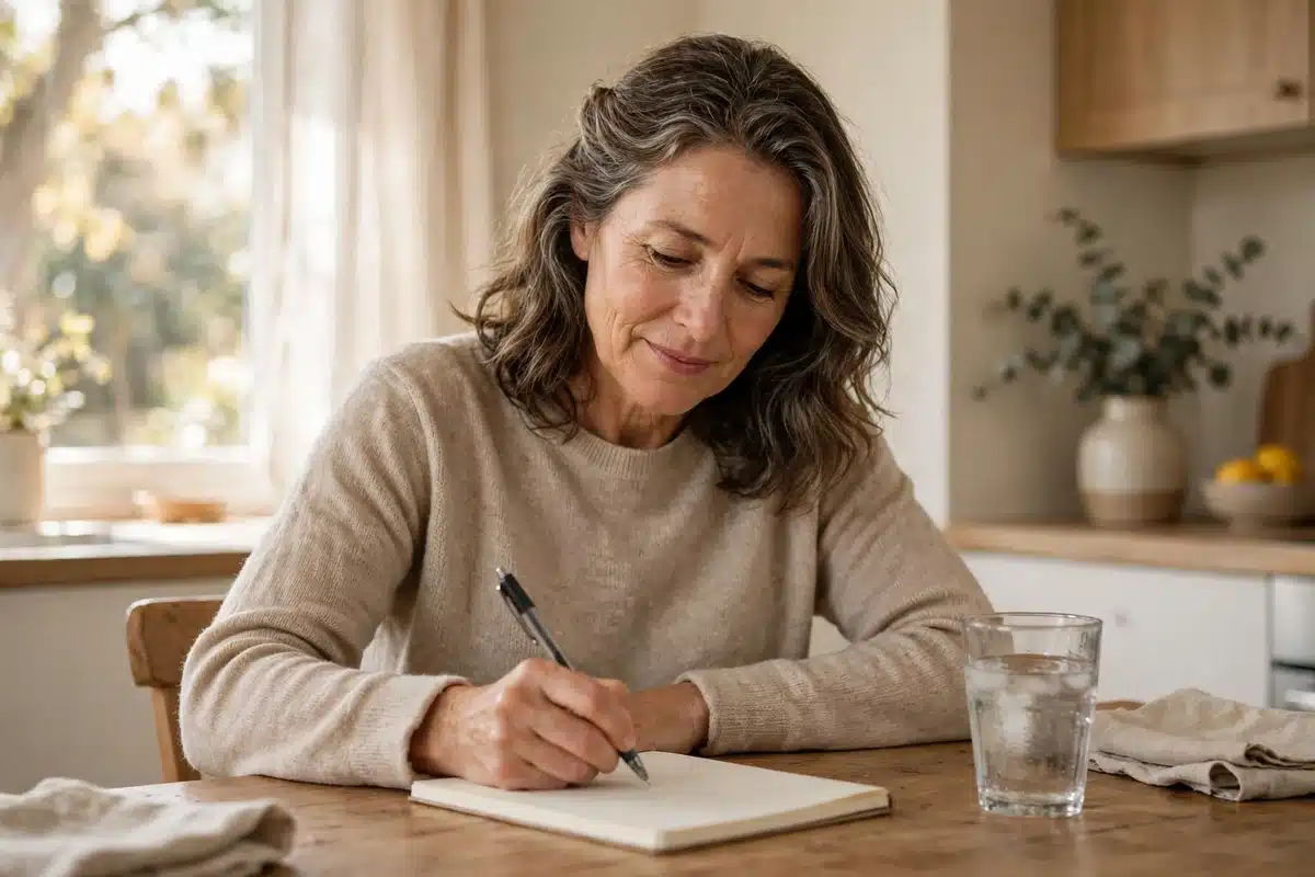 Woman in her fifties writing in a notebook at a bright kitchen table at home