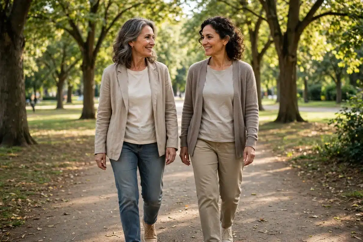 Two women walking together on a sunlit tree-lined park path