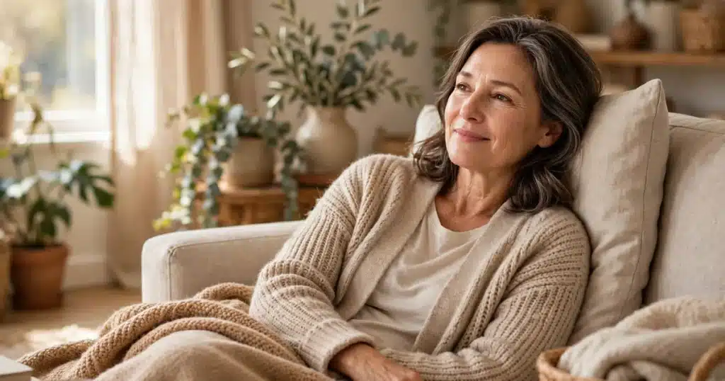 Woman resting comfortably on a sofa in a bright warm living room during recovery