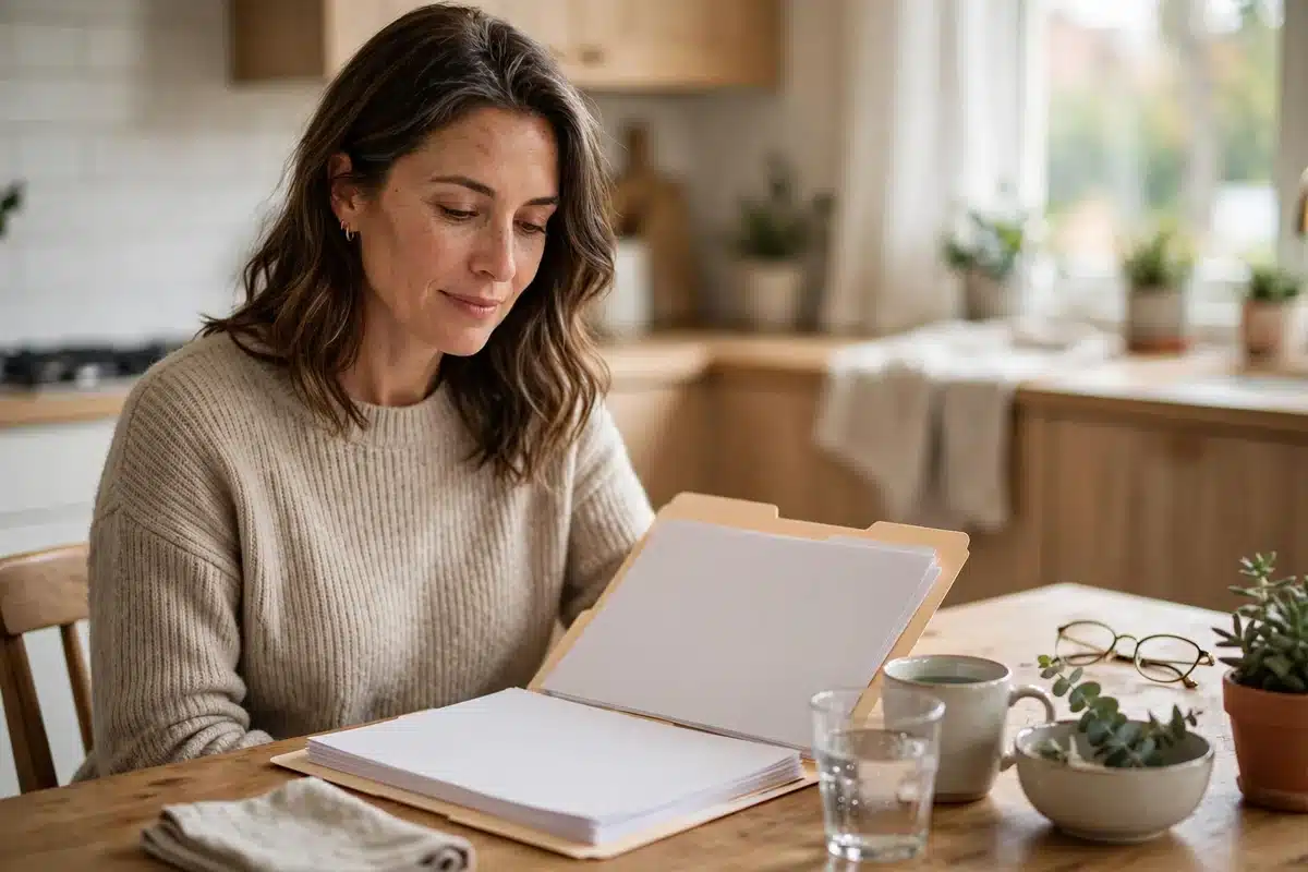 Photo of a woman in her 40s at her kitchen table at home with a folder of plain blank billing papers, calm and organized, soft daylight