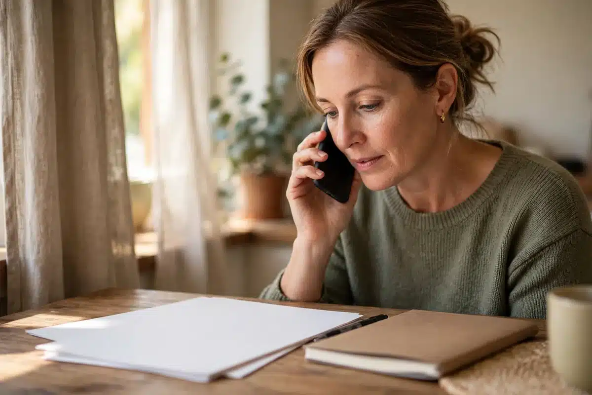 Photo of a woman in her 40s speaking on the phone at home while looking at plain blank paperwork on the table, a notebook beside her, calm focused mood, warm natural light