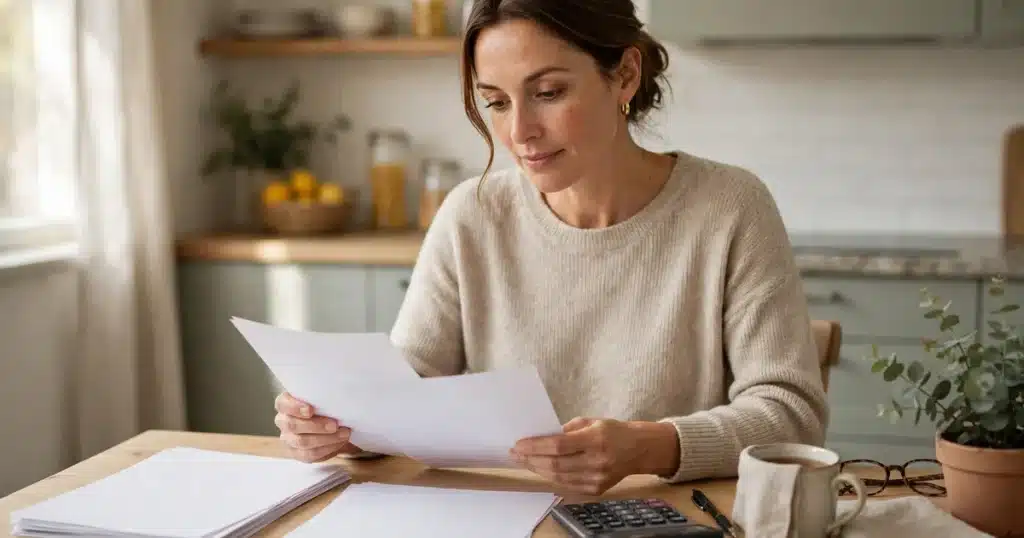 Photo of a woman in her 40s at her kitchen table reviewing plain blank papers with a calculator nearby, organized and calm, soft daylight