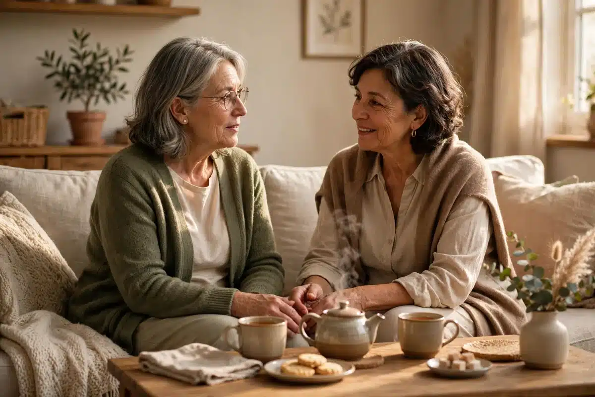 Photo of a woman in her 60s sitting on a sofa at home talking quietly with a close friend over tea in soft afternoon light