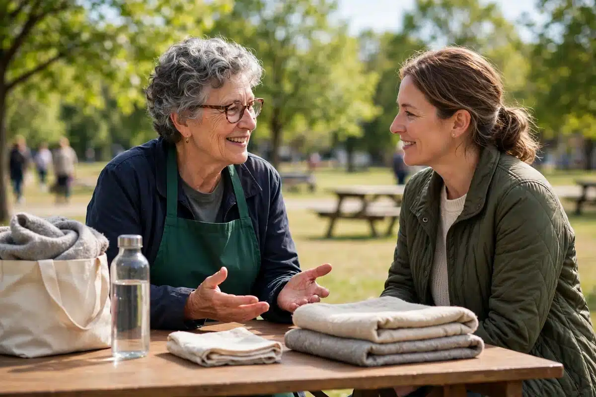 Photo of a woman in her 60s volunteering at a community support table, talking warmly with another woman in bright daylight