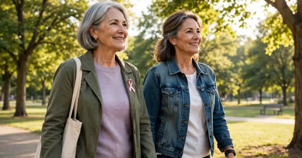 Photo of a woman in her 60s, a breast cancer survivor, walking with a friend in a sunny park and smiling gently in warm natural light