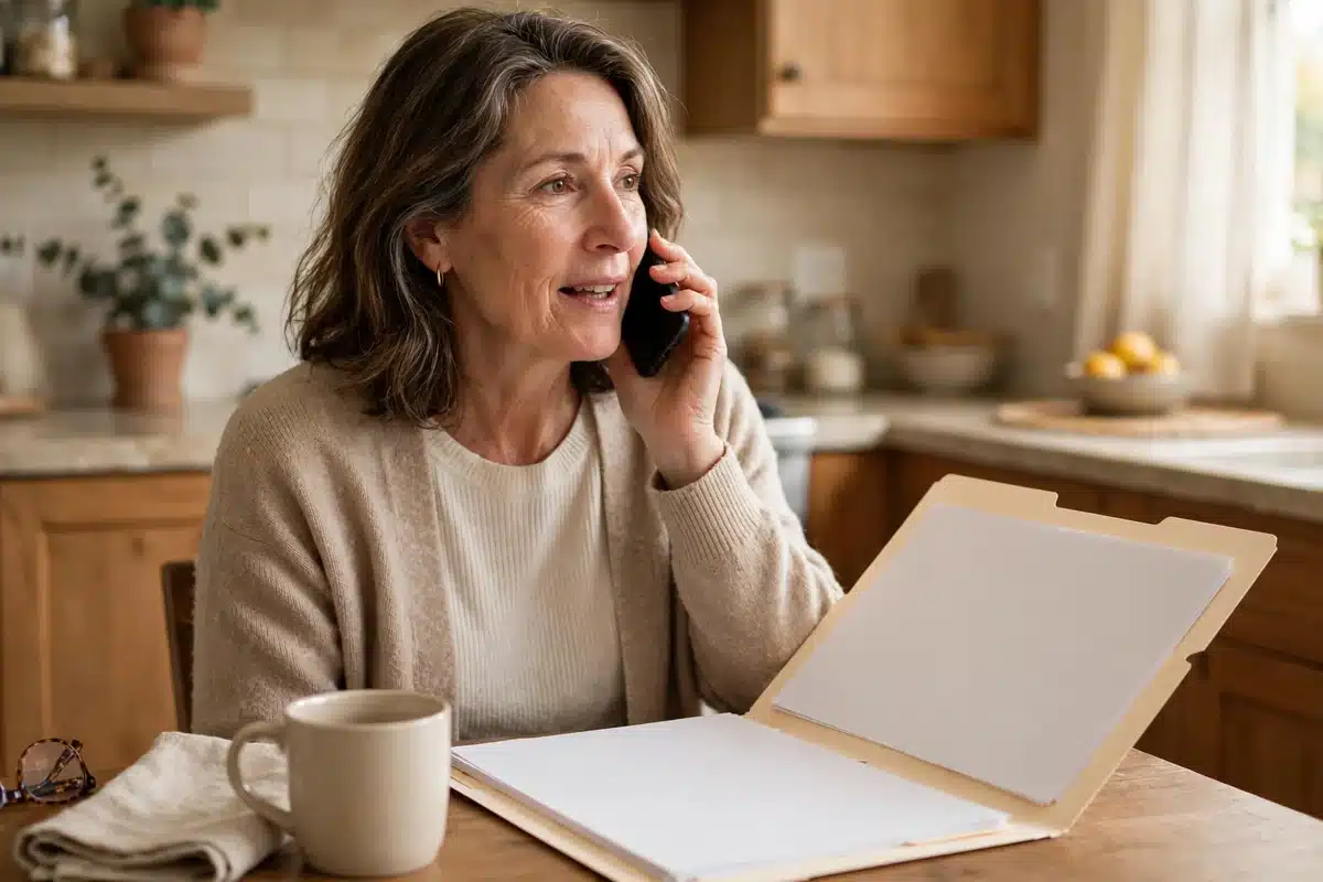 Photo of a woman talking on the phone at home, a plain folder of her medical records open on the table in front of her