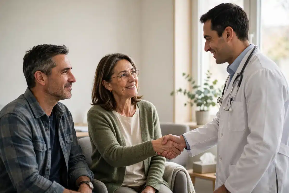 Photo of a woman shaking hands with a new doctor during a first consultation in a bright clinic room, her partner beside her