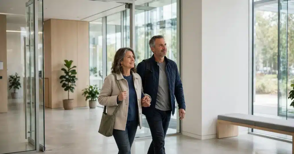 Photo of a woman and her partner walking through the bright entrance of a modern clinic for a first appointment at a new center