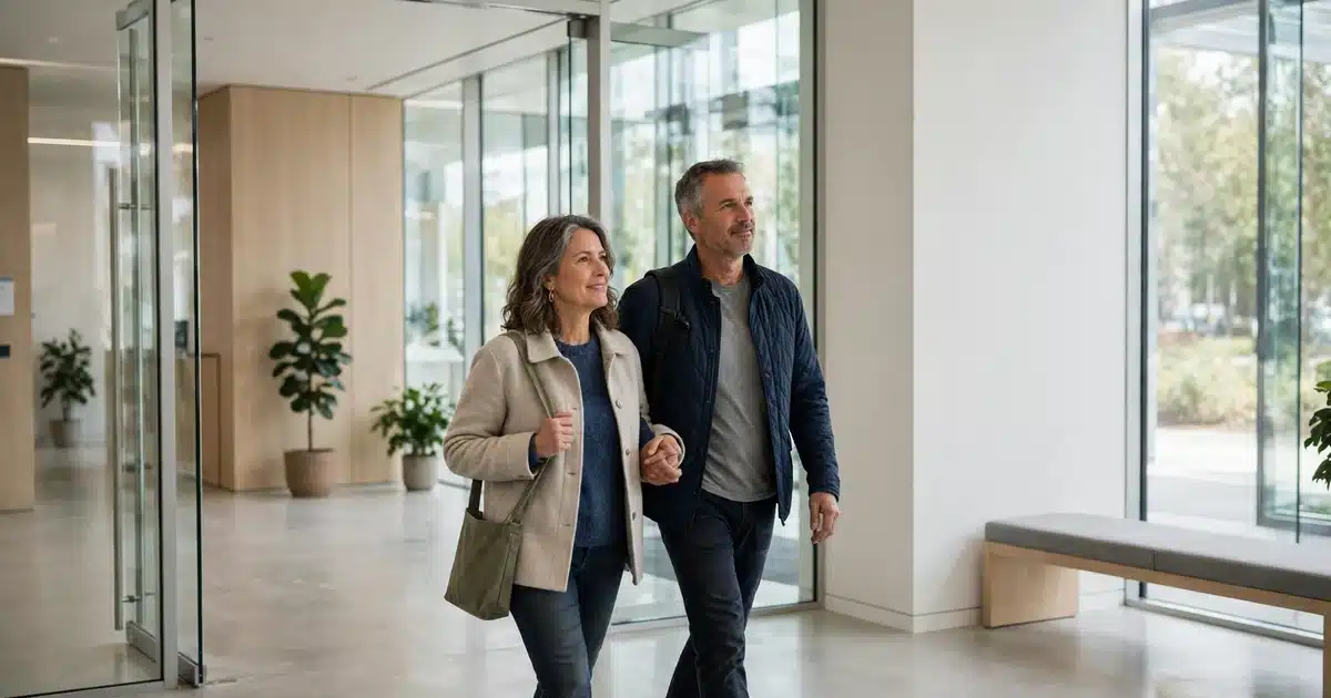 Photo of a woman and her partner walking through the bright entrance of a modern clinic for a first appointment at a new center
