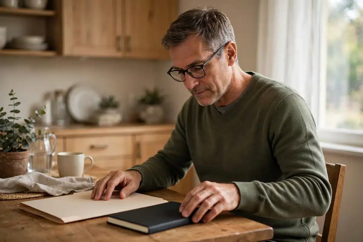 Photo of a man sitting at a kitchen table at home organising a plain folder and notebook, ready for an upcoming appointment