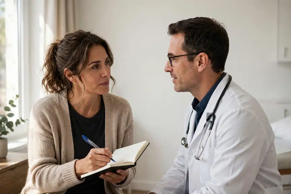 Photo of a woman taking notes in a small notebook while talking with a doctor in a bright clinic room