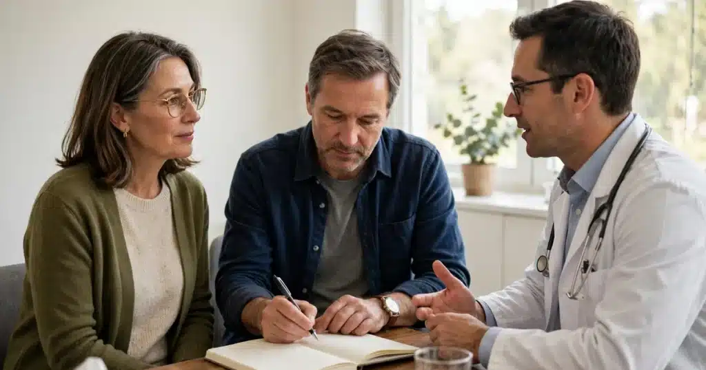 Photo of a woman and her partner sitting in a bright consultation room with their doctor, her partner writing in a plain notebook as they talk