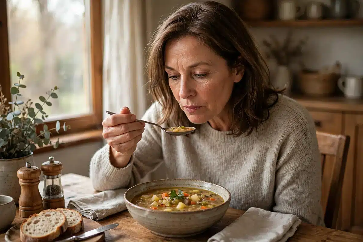 Photo of a woman sitting at a dining table at home tasting a bowl of homemade soup