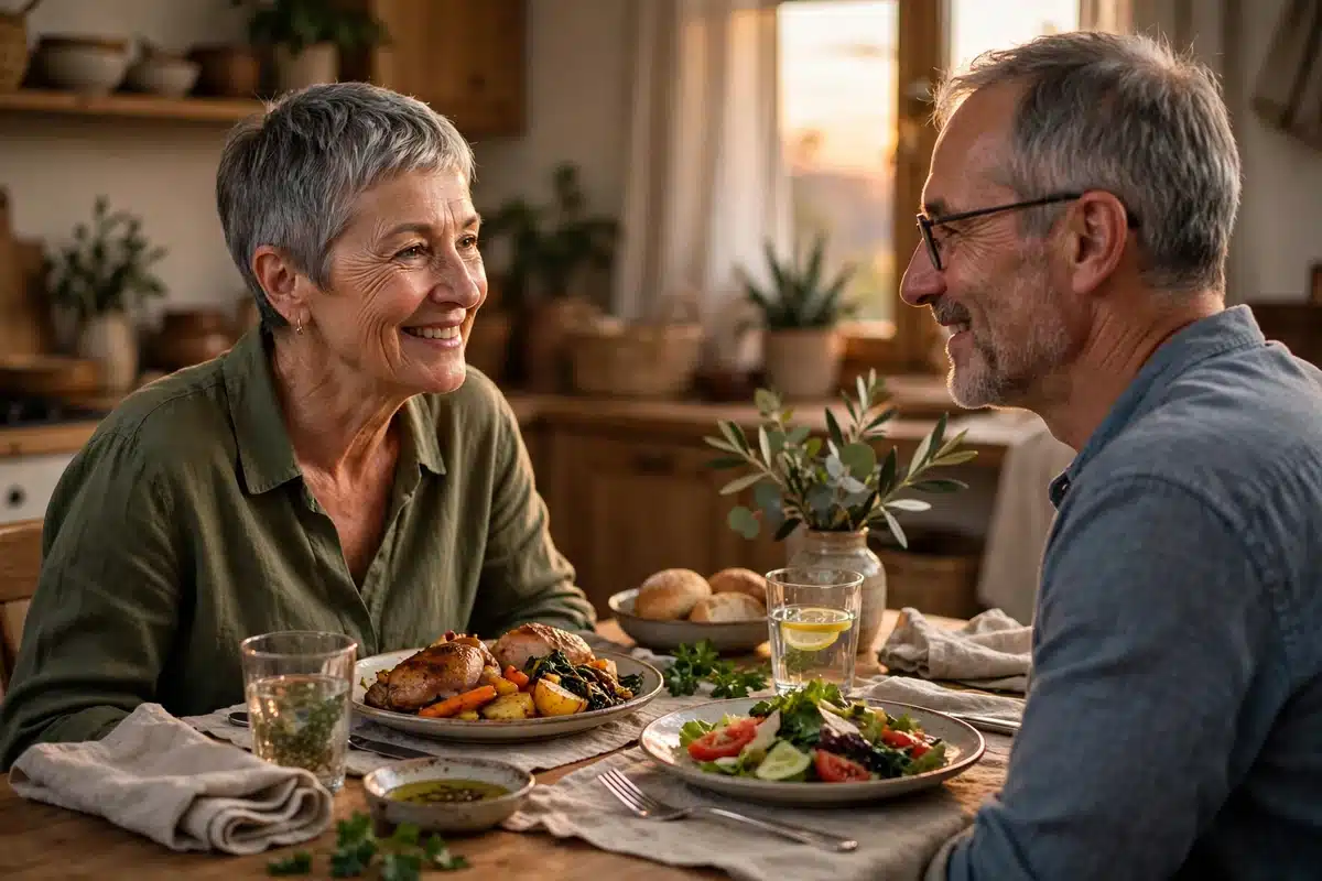 Photo of a woman sharing a simple home-cooked meal with her husband at their dining table