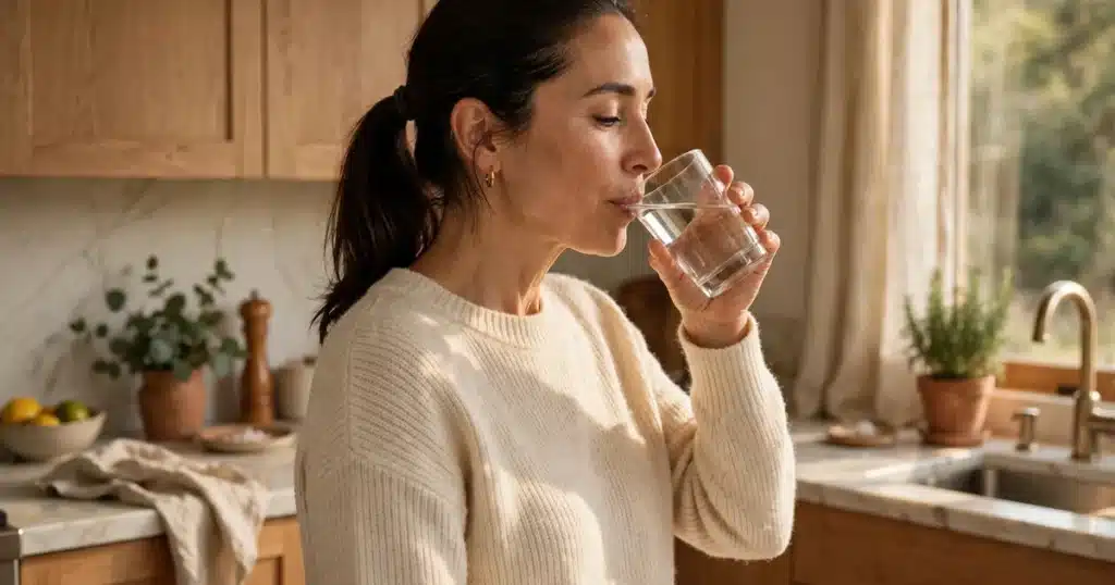 Photo of a woman drinking a glass of water while standing at her kitchen counter at home