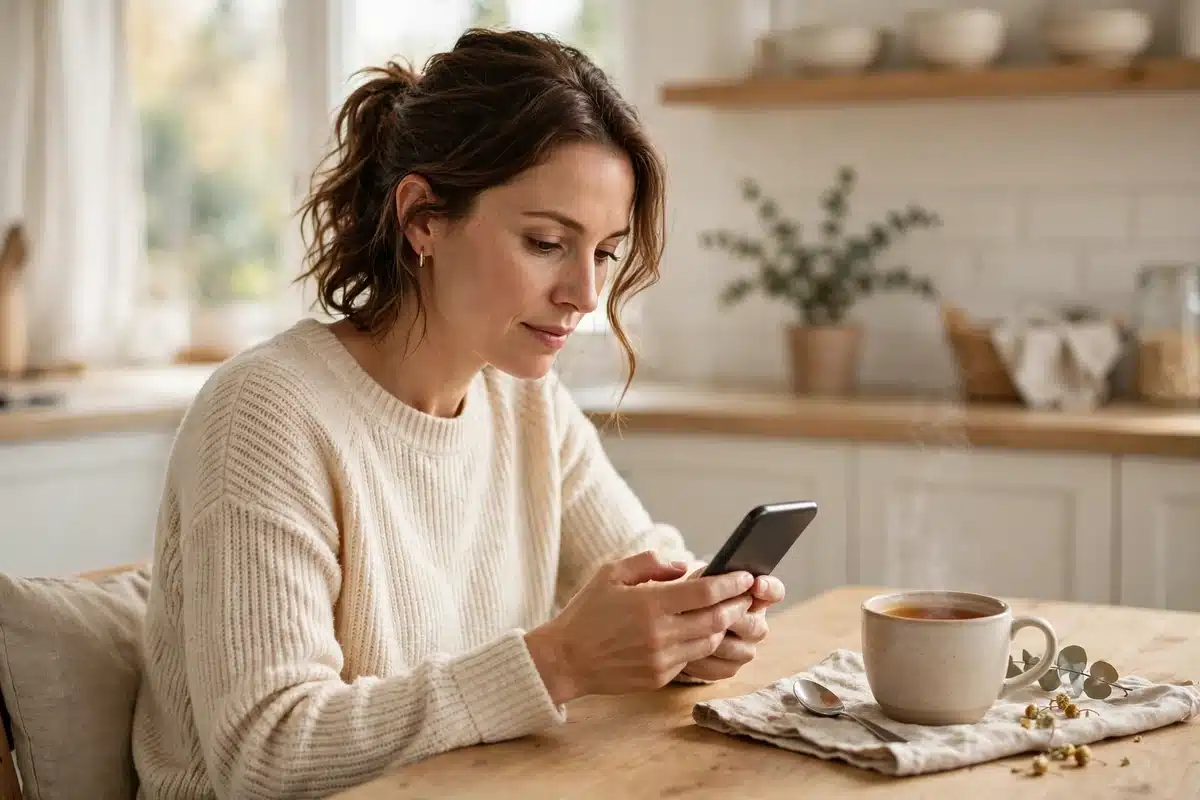 Photo of a friend typing a thoughtful message on her phone at her kitchen table
