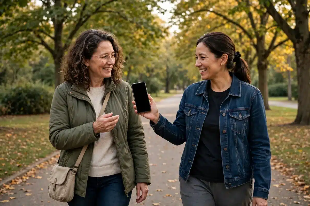 Photo of two women friends walking together in a park, one showing the other a kind message on her phone