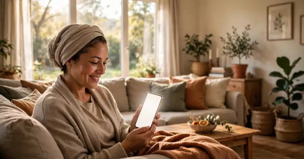 Photo of a woman with a soft headscarf sitting on her sofa at home, smiling softly as she reads a supportive message on her phone
