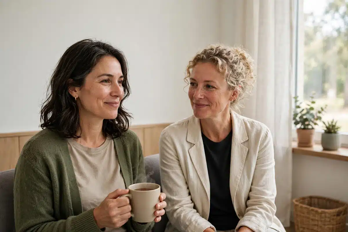 Photo of a woman sitting with her friend in a bright, calm clinic waiting area, holding a warm cup of tea